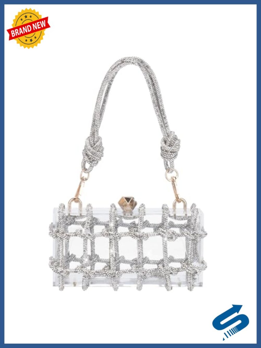 Silver Beaded Lattice Clear Acrylic Clutch with Rope Handle